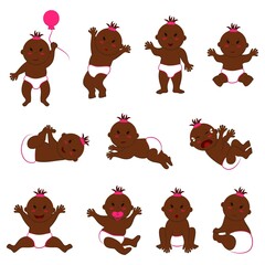 Vector collection of movements of dark-skinned baby girl with slanted eyes. Eleven different poses and facial expressions of a naked toddler in diapers with brown skin and dark eyes