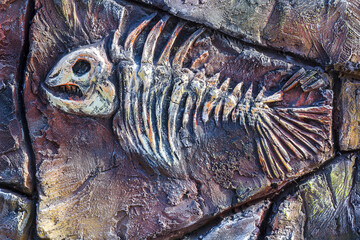 Artificial copy of ancient Fossil fish on stone wall of children's paleantological museum. Skeleton...