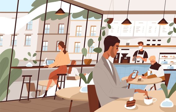 Modern people working or chatting sitting at tables in cafe vector flat illustration. Man and woman drinking coffee or tea, use smartphone and laptop. Social distance or leisure at cafeteria