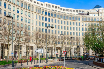Facade of an office building on Westferry Circus in Canary Wharf, London