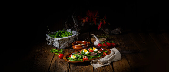 Rustic green bean salad with egg and tuna