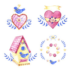collection of cute spring birds and elements. watercolor painting