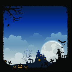 Halloween border with Moon and pumpkins,Vector Illustration