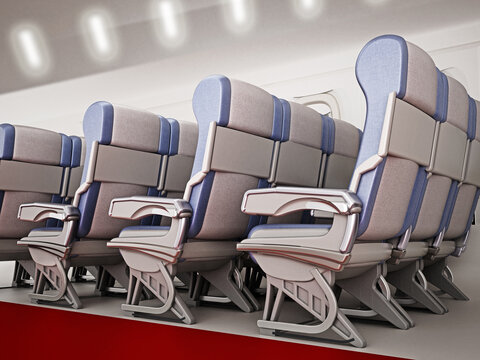 View of an airplane corridor with row of seats. 3D illustration