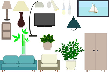 A set of items for the interior. Vector set of separate items.
