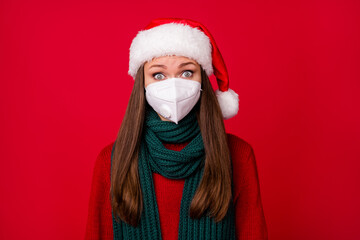 Fototapeta na wymiar Close-up portrait of her she nice attractive shocked girl wearing safety mask health care mers cov contamination prevention isolated over bright vivid shine vibrant red color background