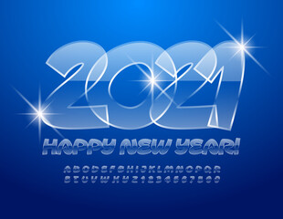Vector ice greeting card Happy New Year 2021! Creative glossy Font. Glass Alphabet Letters and Numbers set