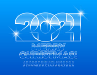 Vector greeting card Merry Christmas 2021! Shiny Glass Font. Cold Ice Alphabet Letters and Numbers