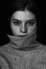 Black and white portraits of cute girl with freckles