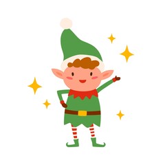 Cute happy christmas elf isolated on white background. Funny little santa helper wearing xmas hat and green costume. Holiday childish dwarf. Flat vector cartoon illustration of fairy character.