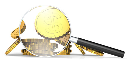 Stack of gold coins and magnifying glass