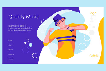 Music online landing page template. Young man in headphones listening to music on smartphone. Music streaming service, audio playlist application, new music fast download flat vector illustration