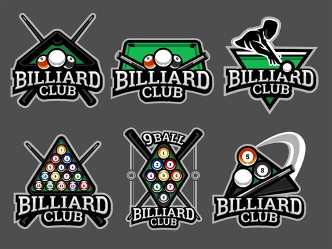 Set of billiard logos and emblems in grey colour. Billiard Vector illustration