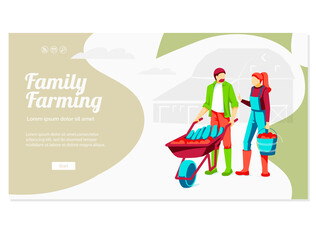 Family farming landing page template. Family couple working and harvesting on farm. Organic gardening, eco farming and agricultural industry concept flat vector illustration