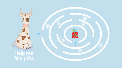 Help the bull find his way to New Year's gifts. Maze puzzle game for children and adults. Christmas card with the symbol ox for the new year 2021. Vector