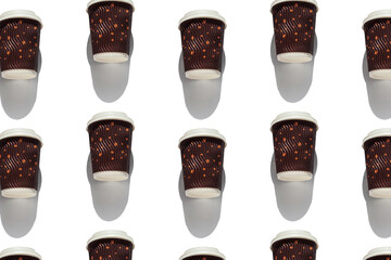Coffee to go regular pattern with natural shadows on white background top view. Brown paper cups with lids for take away hot drinks in cafe shop. Lifestyle concept flat lay wallpaper for desktop.