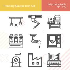Simple set of manufacturing plant related lineal icons.