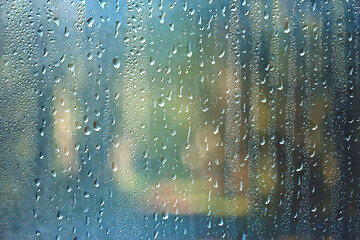 spring day in the park / view of the spring landscape in the park through the window, raindrops on the glass
