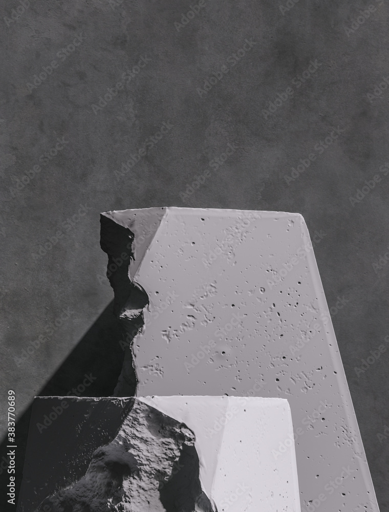 Poster product setting podium rough stone slabs, marble counter concrete table and stone shelves, grunge te