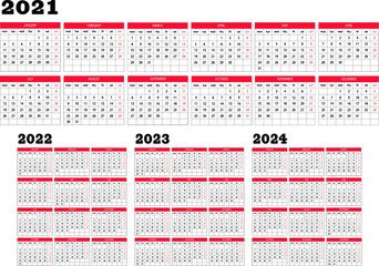Calendario 2021 2022 2023 2024  - obrazy, fototapety, plakaty