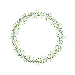 Round elegant frame with twigs, green leaves, berries. Floral wreath for festive decoration. Stylish logo element. Green plant border with place for text. Vector illustration isolated white background