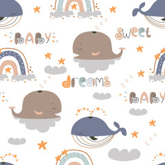 Cute whale and rainbow - seamless pattern for kids