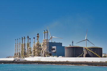 Obraz premium Lanzarote / Spain - October 7, 2020: industrial area of ​​the port Los Marmoles, on the island of Lanzarote .Canary Islands