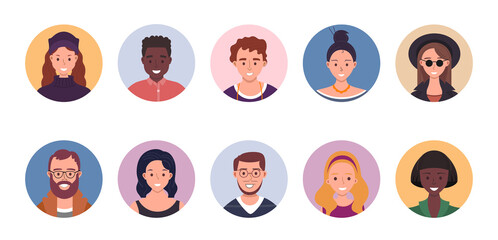 People avatar bundle set. User portraits. Different human face icons. Male and female characters. Smiling men and women characters. Flat cartoon style illustration - obrazy, fototapety, plakaty