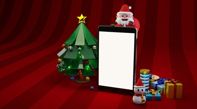 3D render concept illustration of Santa Claus character carrying giant red bag holding on top of smartphone with a  snowman and a pine tree with many gift box in red color the background