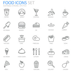 Food icons set for your website, logo, app, UI, product print. Food icons concept flat Silhouette vector illustration. Editable stroke icon. 