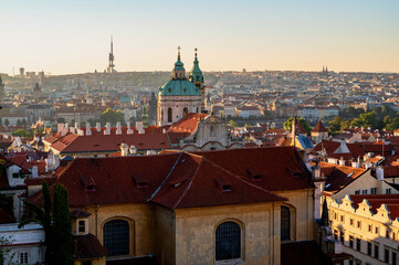 Panorama of Prague Lesser town, St. Nikolas church and historical buildings.