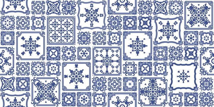 Seamless patchwork pattern of blue painted mosaic tiles with geometrical and floral ornaments in Dutch majolica ceramic style. Wallpaper décor, batik print, surface map, wrapping paper