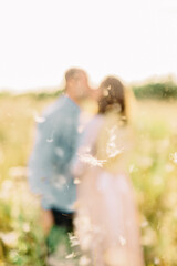 Fototapeta na wymiar pregnant couple kissing at sunset among the grass. Blurred background. Flying seeds