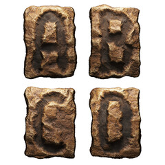 Set of rocky letters A, B, C, D. Font of stone on white background. 3d