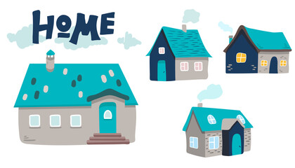 Set of flat cartoon houses. Isolated vector set. Cute bright doodle children's illustration.