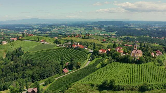 Aerial view of Austrian vilage Kitzeck in vineyard region of Styria.