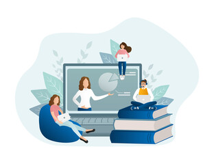 Flat icon with online education. Character for web marketing design. Technology concept. Vector illustration.