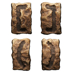 Set of rocky symbols left, right square bracket and left, right perentheeses . Font of stone on white background. 3d