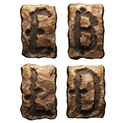 Set of rocky symbols lira, baht, litecoin, dashcoin. Font of stone on white background. 3d