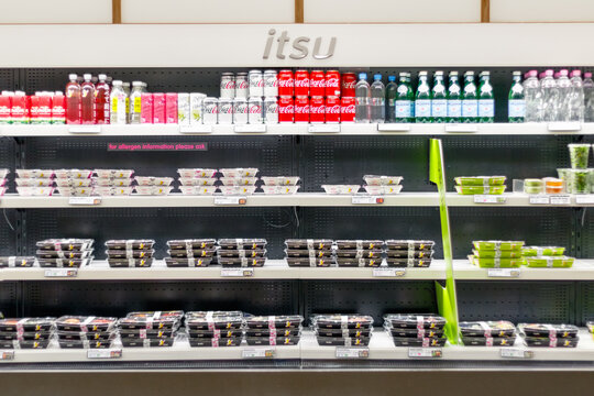 Cold Food And Beverage Displayed On Multideck Fridges At Itsu In Canary Wharf, A British Chain Of Asia-inspired Fast Food Shops