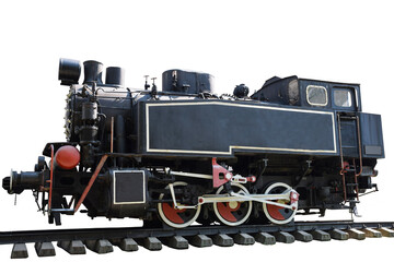 An old steam locomotive without carriages stands on the rails on a clean white background with clipping. Photographed from the side
