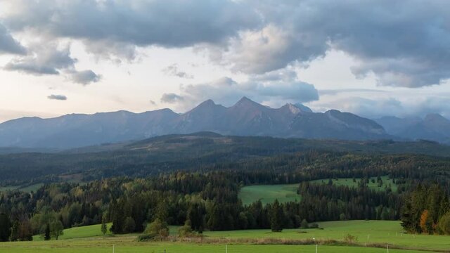 Time lapse view of morning dawn over Belianske Tatras mountains from Lapszanka, Poland
