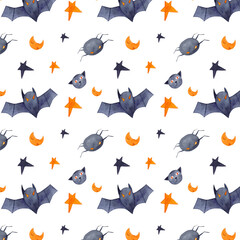 Halloween Watercolor Horror illustration. Bats, stars, moons, spiders and black cats seamless pattern. Decorative scary background. Festive celebration wallpaper. 