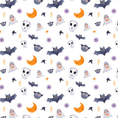 Watercolor Halloween illustration. Bats, moons, ghosts and black cats seamless pattern. Art festive celebration background. Spooky creepy clipart. 