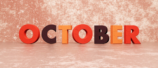 October text word colored in autumn season colors on wide banner