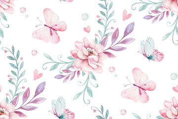 Fototapeta premium Cute Fairy character watercolor illustration on white background. Magic fantasy cartoon pink fairytale design. Baby girl birthday