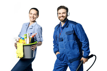 Young bearded handsome guy and a girl in a uniform of cleaners are isolated on a white background.