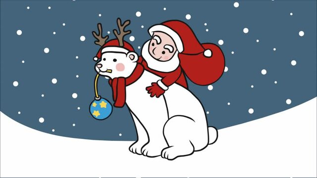 Santa Claus and polar bear wear reindeer hat in winter cartoon 