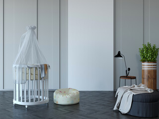 3d rendering of new nursery interior room with bed for infant baby