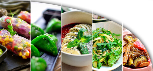Assortment of vegetarian and vegan food. Collage of various healthy foods with copy space.